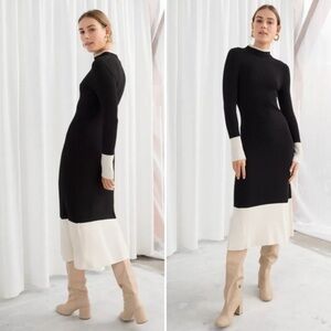 & Other Stories LA Atelier Ribbed Knit Midi Dress Black Cream Turtleneck Sz Sm